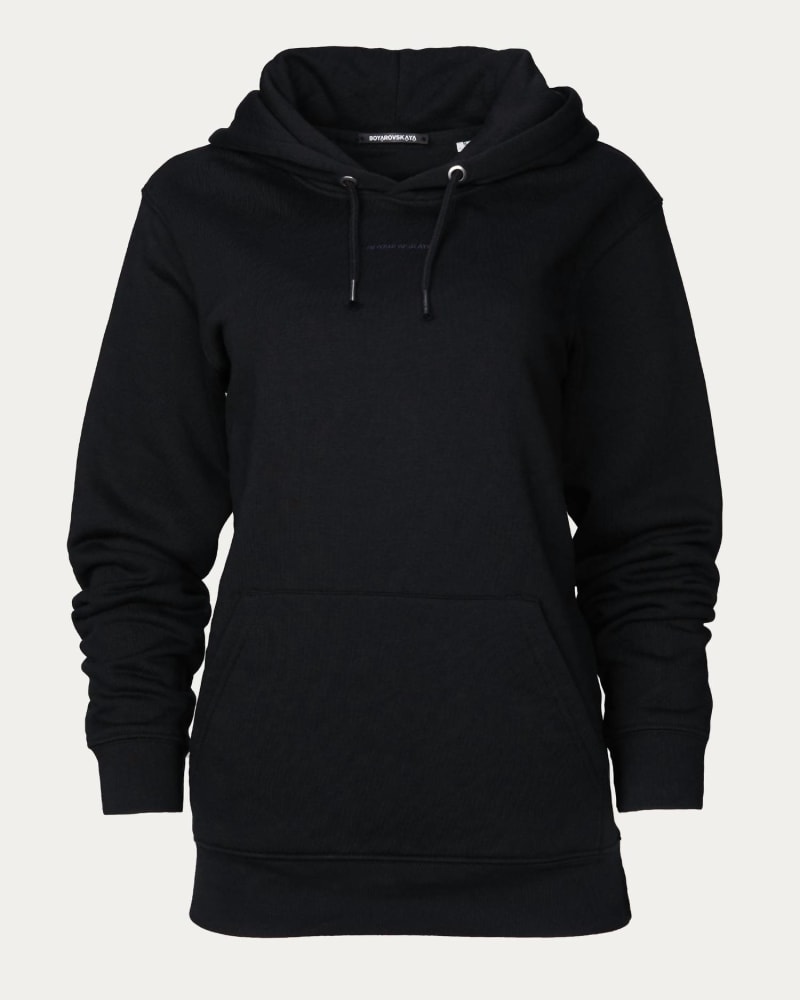 Front of a model wearing a size L Boy Hoodie in Black in Black by BOYAROVSKAYA. | dia_product_style_image_id:343481